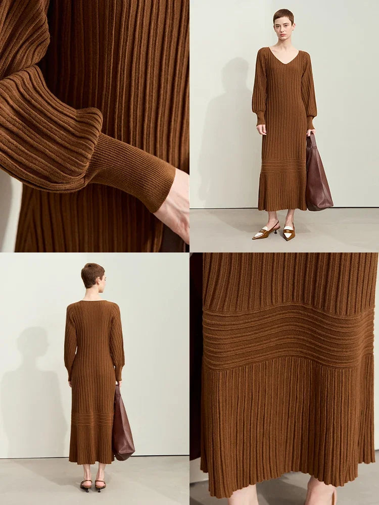 រ៉ូប Amii Minimalism រដូវស្លឹកឈើជ្រុះឆ្នាំ ២០២៦ សម្រាប់ស្ត្រី រ៉ូបថ្មីឆើតឆាយធម្មតា V-neck ដៃអាវរាងចង្កៀង រ៉ូបប៉ាក់ខ្ជិល 12443091