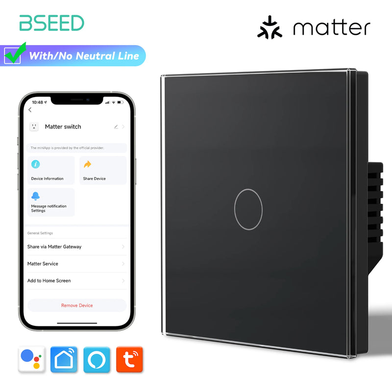 BSEED Matter Smart Touch Light Switch 1/2/3Gang Support Apple Home Tuya APP Google Assistant Voice Control Neutral Wire Optional