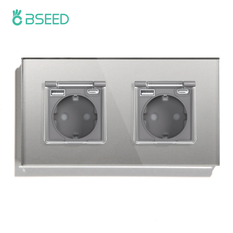 BSEED EU Standard Single Power Socket With Waterproof Cover Double USB Type-C Outlets Triple Plugs 16A Glass Panel 110-250V