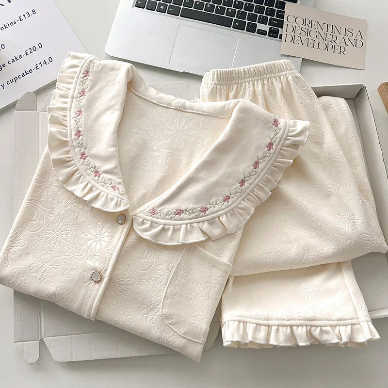 Casual Homewear Sprinmg Autumn Long Sleeve Trousers Ladies Pajamas Suit Lapel Top 2 Piece Set Sleepwear Women's Home Nightwear