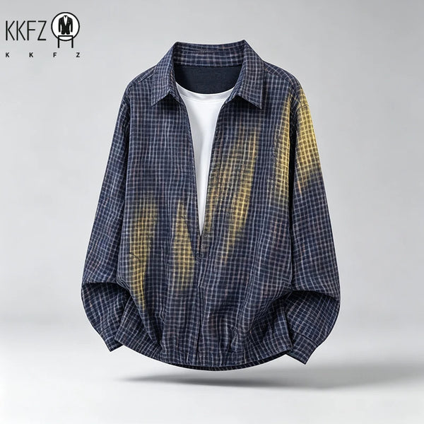 Men Wrinkled Check Lapel Shirt Long Sleeve Relaxed Fit Textured Material Breathable Daily Casual Outerwear