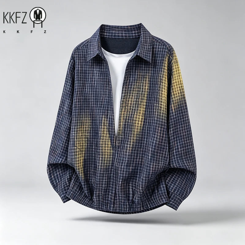 Men Wrinkled Check Lapel Shirt Long Sleeve Relaxed Fit Textured Material Breathable Daily Casual Outerwear