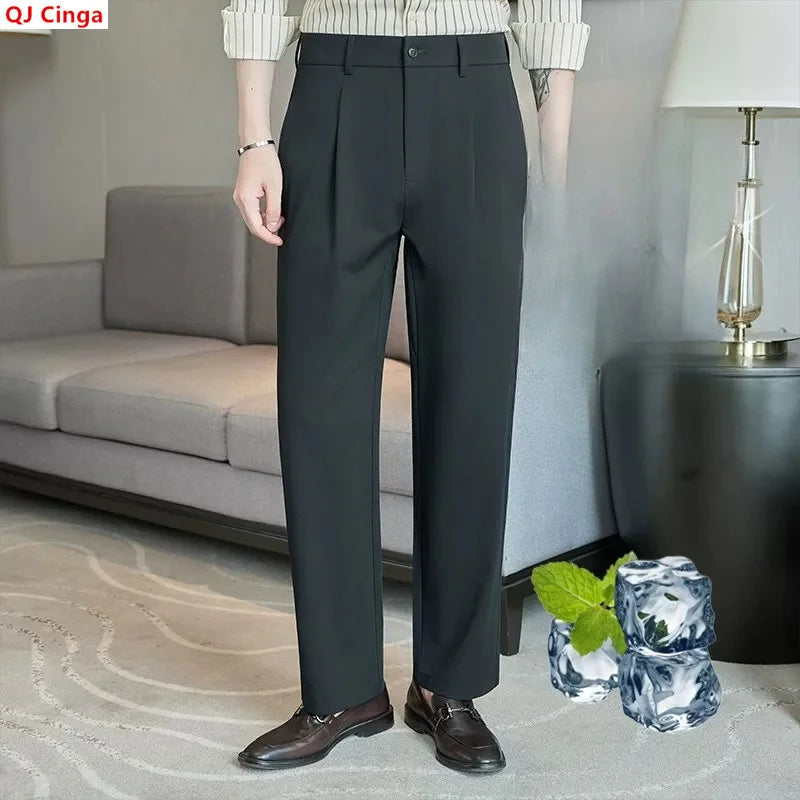 Men's Black Dress Pants for Summer and Fall; Gray Stretch Wide-leg Trousers for Spring; Asian Sizes 29–38.