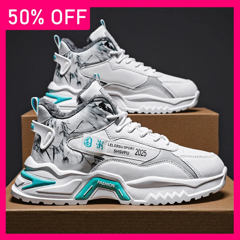 Men Sports Shoes Plush Comfortable Leather Winter Outdoor Walking Anti Slip Flat Bottom Fashion Commuting Versatile Sports Shoes