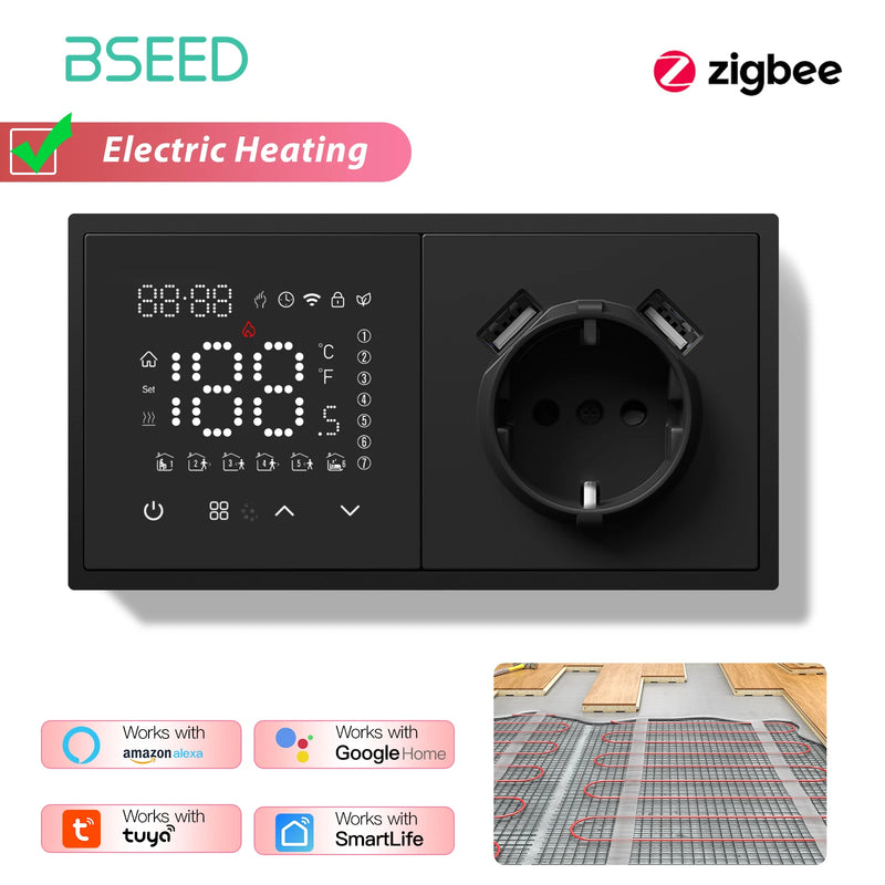 BSEED Zigbee Thermostat Smart Electric Floor Heating Water Boiler With Socket Alexa Google Temperature Controller Plastic Frame