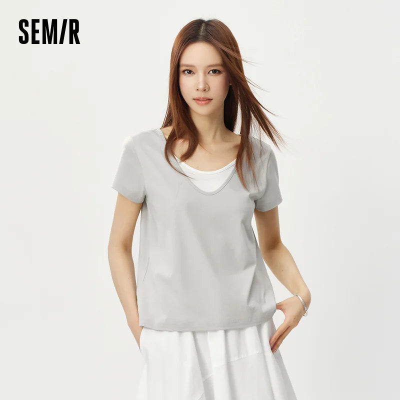 Semir Womens Tshirt 2026 Cotton Linen Fake Two Piece Color Block U Neck Elegant Simple Casual