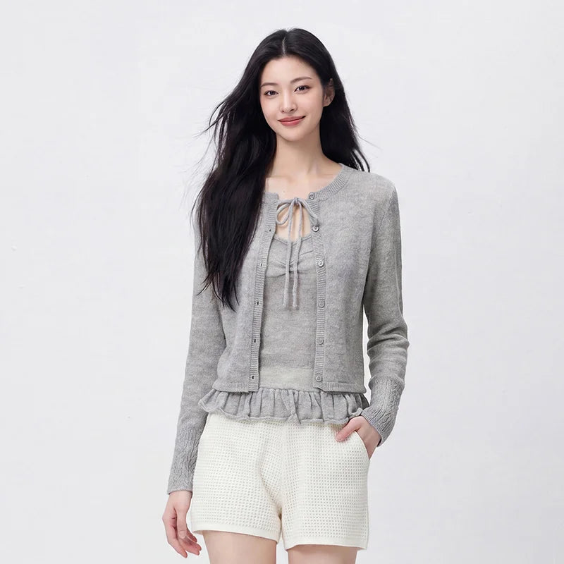 Semir Women Cardigan Lace Cami Short Knit Two Piece Sweet Elegant Casual Style Autumn Sweater Outdoor Wear 2026