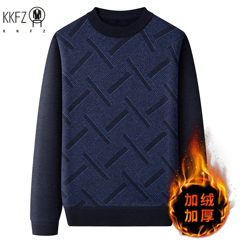 Street Style Male Knit Sweater Geometric Interlaced Stripe Pattern Comfortable Crew Neck Daily Outing Long Sleeve Top