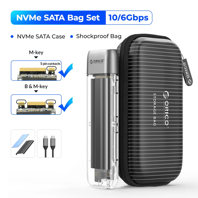 ORICO M.2 SSD Case NVME SATA SSD Enclosure Tool Free 10Gbps M.2 to USB Type C Transparent External Adapter Portable