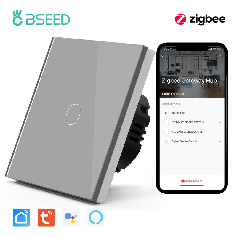 BSEED Zigbee Smart Switch 1/2/3Gang 1/2/3Way Smart Touch Light Switch Work With Tuya Smart Life Blue Backlight No Neutral Line