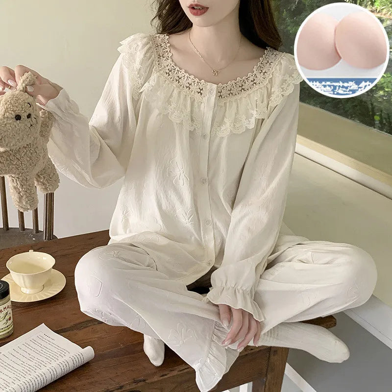 Korean Casual Women's Pajamas Set Sweet Cotton Nightwear Spring Autumn Sleepwear For Sleeping Bra Pad Home Suit For Women