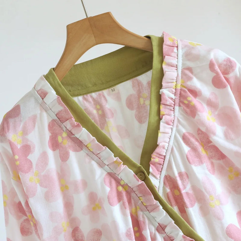 Pure Cotton Floral Robes For Woman Nightwear Sleepwear Soft Loungewear For Spring Autumn New Long-Sleeved Bathrobe Sleep Robe