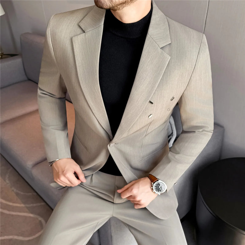 Men's Two-Piece Suit Set (Jacket + Pants) , Metal-Decorated Blazer with Naples Trousers, Casual Smart Wear, Beige Black Brown
