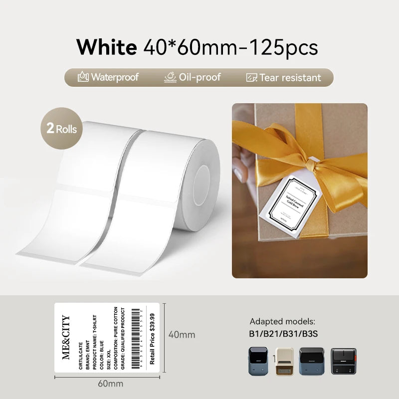 2 Rolls NIIMBOT B1 B21 B3S Thermal Label Clothing Price Food Self-adhesive Tag Waterproof Office Pocket Printer Label Paper