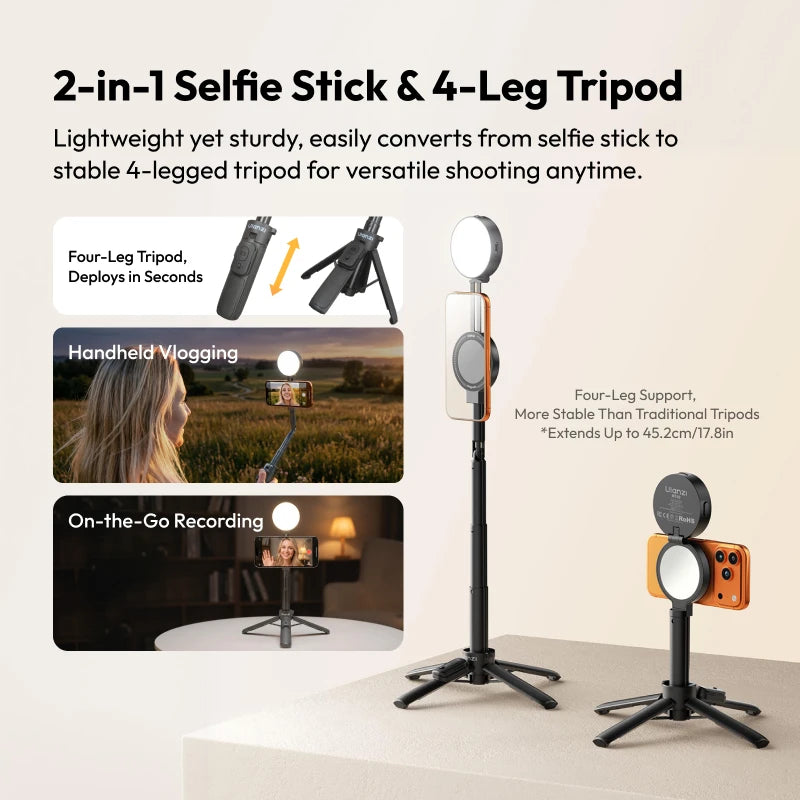 ដំបងថតរូប Ulanzi MT40 Mini Selfie Stick ជាមួយភ្លើងបំពេញពណ៌ពីរពណ៌ សម្រាប់ទូរសព្ទ Iphone Samsung Xiaomi Magsafe Tripod ទ្រេតបាន 180 ដឺក្រេ សម្រាប់ Vlog Live