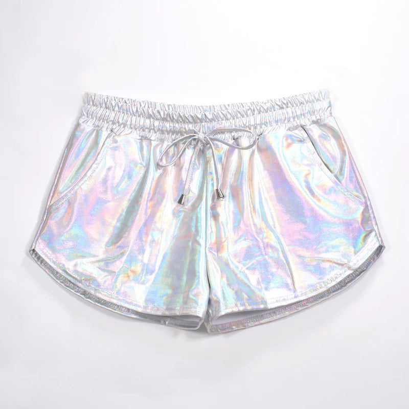 2026 Spring New Women's Silver Elastic Drawstring PU Shorts Stylish and Sexy Mini Shorts Available in Gold,Green,Black,Pink.