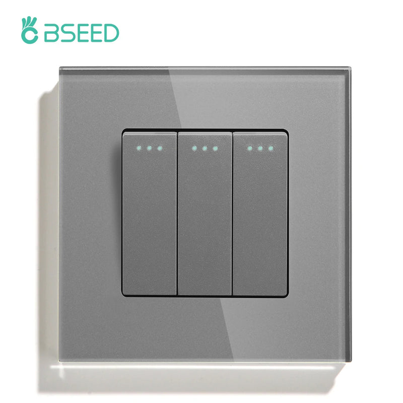 BSEED Mechanical Wall Light Switch Button 1/2/3Gang 1Way Crystal Glass Panel Power Switch On Off 250V White Black
