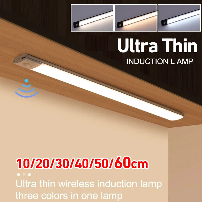10-60CM Motion Sensor LED Night Light Wireless USB Rechargeable Under Cabinet Lights Ultra Thin Long Bar Lamp Kitchen Bedside