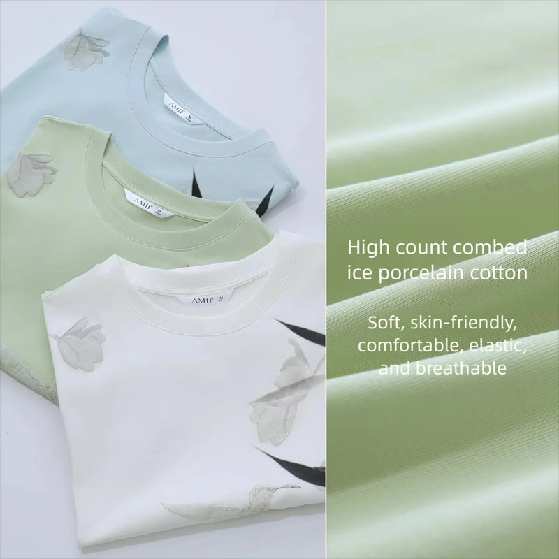 Amii Women's T-Shirt 2026 Summer New Chinese Print O-Neck Drop Shoulder Stretch Tops Cotton Loose Fit Short Sleeve Tee 12652009