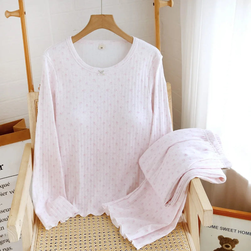 Cotton Women's Floral Pajamas Set 2 Piece Sleepwear Chest Pads Loungewear For Autumn Long Sleeves Trousers Home Clothing Set