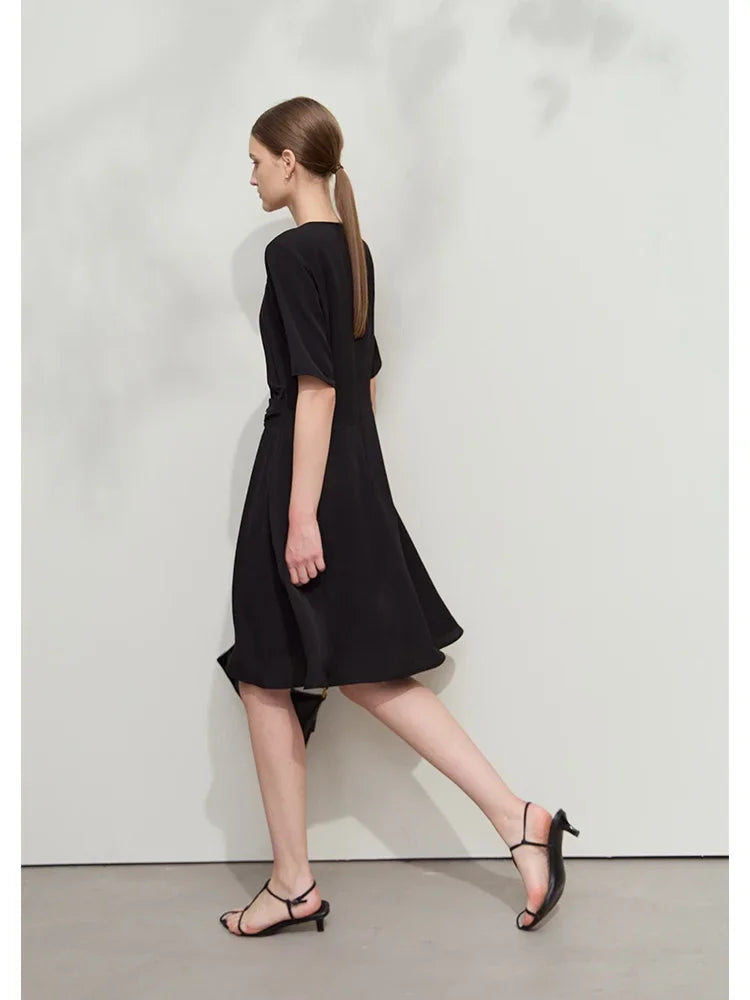AMII Minimalist Dress Women 2026 Autumn New Basics Office Lady O-Neck Lace Splicing Short Sleeve Knee-length Dresses 12521028