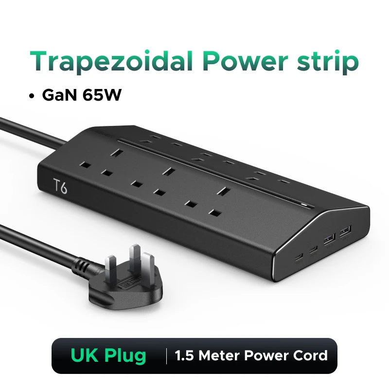UGREEN 65W 20-in-1 GaN Power Strip UK/US Plug Fast Charger 16 AC Outlets with 1.5m Extension Cord  Charge Electrical Socket