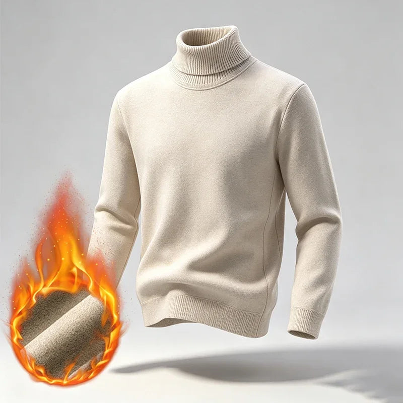 Men Fleece Lined Turtleneck Knit Sweater Ribbed Cuff Thermal Pullover For Winter Urban Daily Commute And Street Casual Outfits