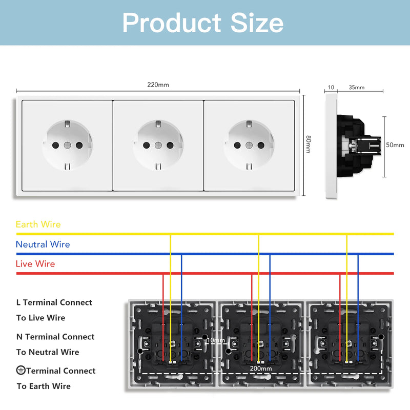 BSEED EU Standard 1/3/5 Pack Triple Wall Electrical Sockets Power Outlets Value Pack White Black Plastic Frame 16A