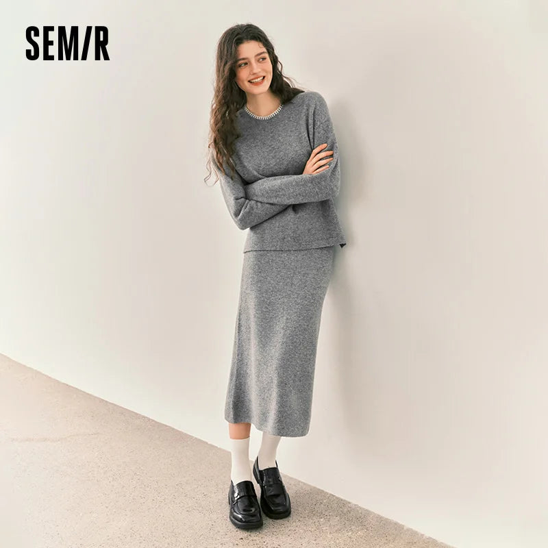 Semir Women Knit Set Color Block Two Piece Design Soft Touch Straight Skirt 2026 Winter Coordinated Look Everyday Style