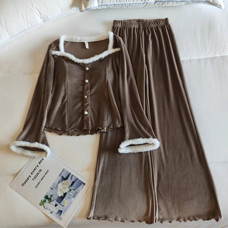 High-end Island Velvet Pajamas Woman New Fall Winter Sleepwear Warm Long Sleeve Nightwear Set Chest Pad Women‘s Home Clothes