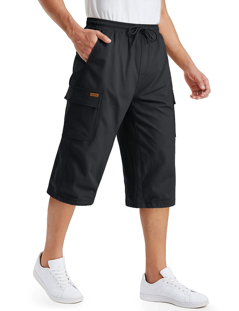 TACVASEN Mens Cargo Capri Short Pants 97% Cotton Below Knee Loose Fit Pants 6 Pockets Work Drawstring Waist Casual New Trousers