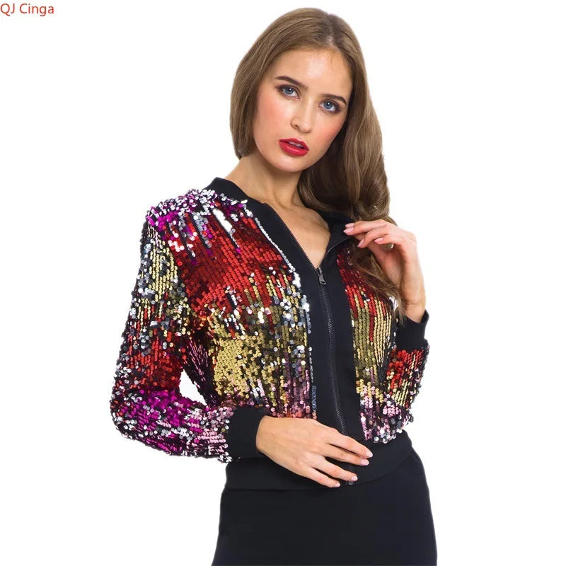 2026 New Women's Red-Purple Long-Sleeve Jacket, Round Sequin Embellishment Coat, Stage/Party Performance Top.