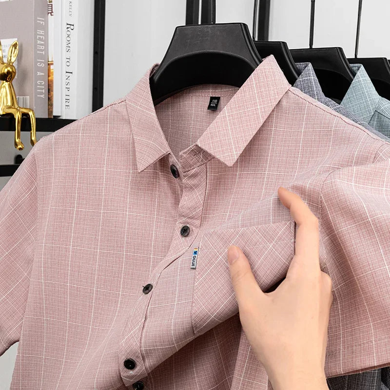 Mens Casual Plaid Short Sleeve Shirt Breathable Light Fabric Turn Down Collar Tops For Spring Summer Daily Wear