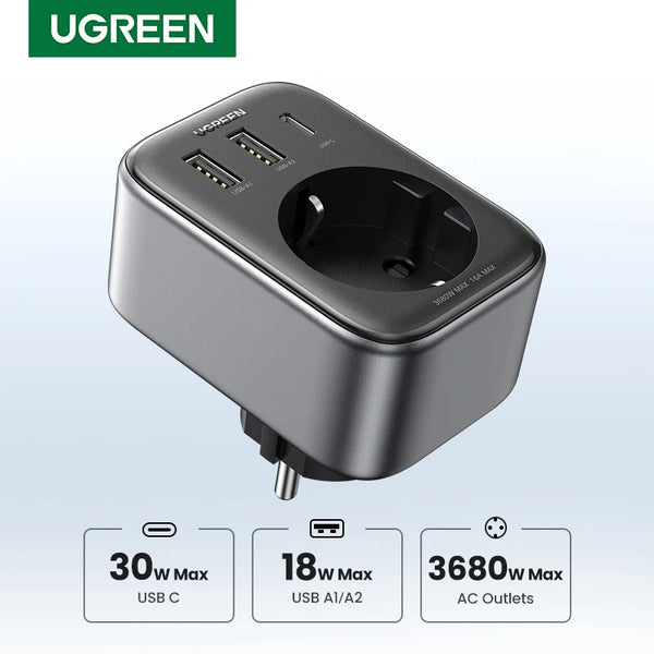UGREEN 30W GaN PD Charger with AC Outlets Wall Socket USB Charging Socket Fast Power Strip for iPhone 17 16 Xiaomi Android Phone