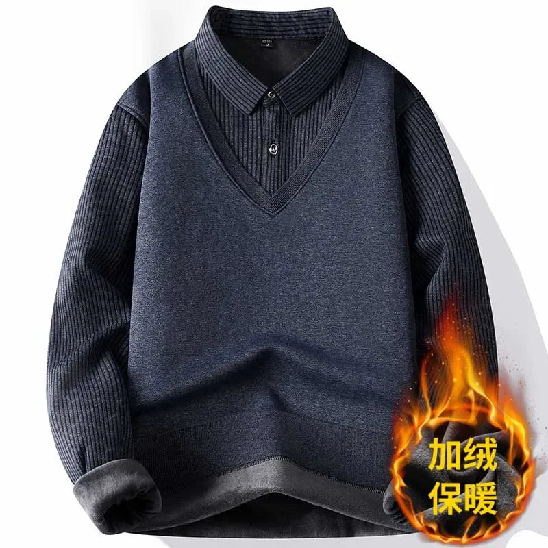 Elastic Knitted Pullover Men Collared Fake Two Piece Full Inner Fleece Thermal Vertical Stripe Long Sleeve Basic Everyday Wear