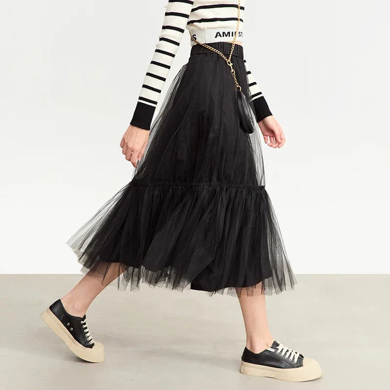AMII Mesh Pleated Skirt for Women 2026 Autumn New Loose Fashion Cute Romantic Tutu Mid Length Skirt Clothing Streetwear 12343412