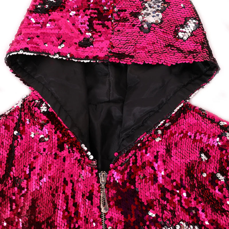 Sparkling Red Hooded Jacket with Sequin Decoration for Women, Fashionable Gold Outerwear with Silver Blue Purple Green Options