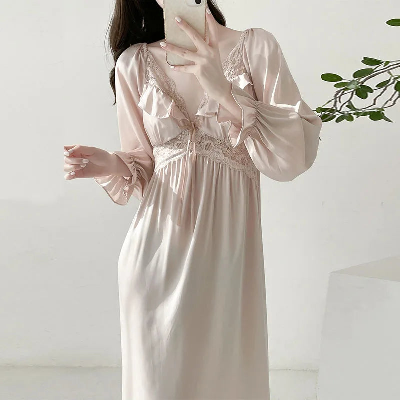 Ins Sweet Princess Nightdress Long Sleeve Spring Summer Dress Silk Satin Lace Night Wears For Women Slim Sleepwear Nightgowns