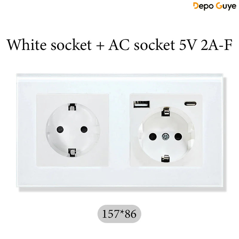European Standard 4 Gang Wall Power Socket 16A Glass Panel with Three USB Type-C Ports White Black Industrial Home Hotel