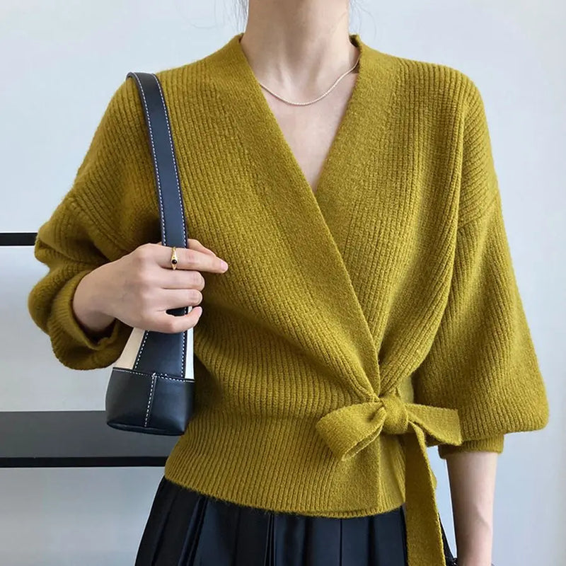 Korean Thin Sweater Outerwear Top Autumn and Winter French V-neck Lace Up Fashion Knitted Cardigan Women Slim Jumper
