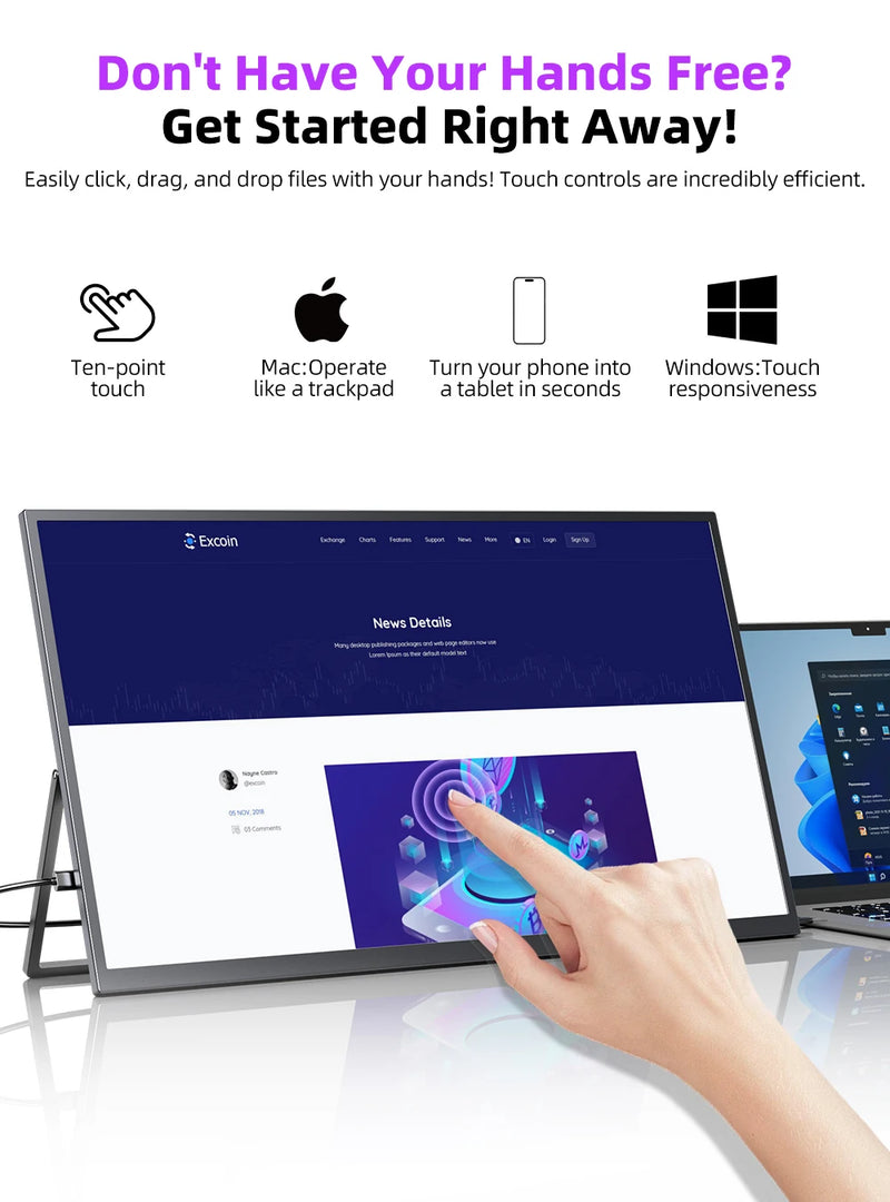 UPERFECT 22" 2K Portable Touchscreen Monitor w/VESA & 180°Adjustable Stand 2560 * 1440 QHD FreeSync IPS HDR Large Gaming Display
