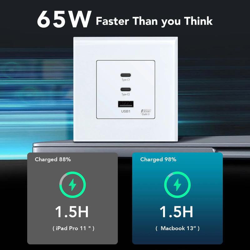 BSEED GaN3 Universal Socket 65W PD Fast Charge Port USB Type-C Quick Charge With Wall Power Socket Glass Panel 100V-240V