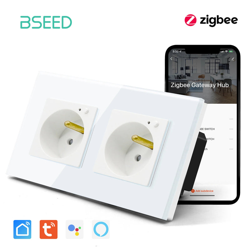 BSEED ZigBee Smart FR Socket Double Powe Sockets Triple Wall French Oulets Work With Tuya Google Home Smart Life Alexa