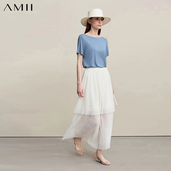 Amii Women's Summer Short Sleeve T-shirt 2026 New Off Shoulder Stretch Casual Tee Minimalist Versatile Ladies Clothing 12622002
