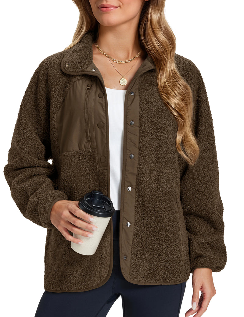 TACVASEN Women's Stand Collar Sherpa Fleece Jacket Winter Warm Lightweight Fuzzy Button Down Coat 3 Zipper Pockets Casual Jacket