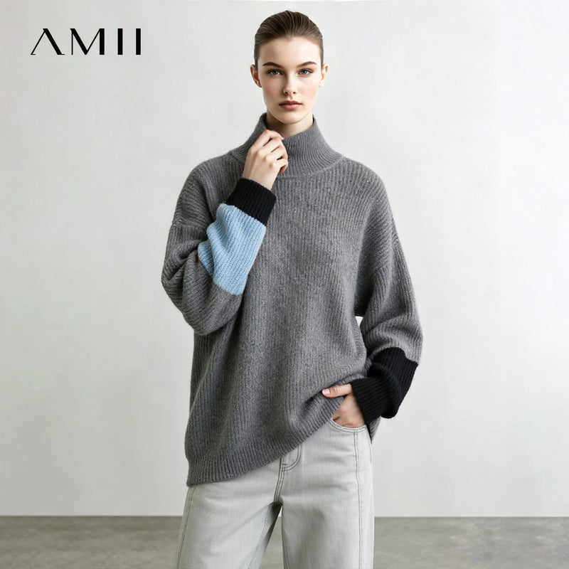 Amii Turtleneck Sweater Color Block Drop Shoulder Loose Fit Knit Tops Minimalist Commuter 2026 Winter Women's Clothing 12654040