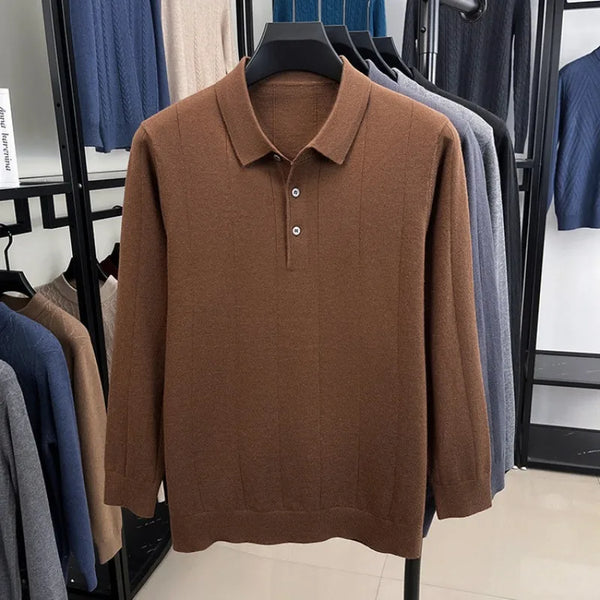 Men's Polo Collar Wool Blend Sweater 340g Thick Anti-Pilling Long Sleeve Knitwear for Spring Autumn