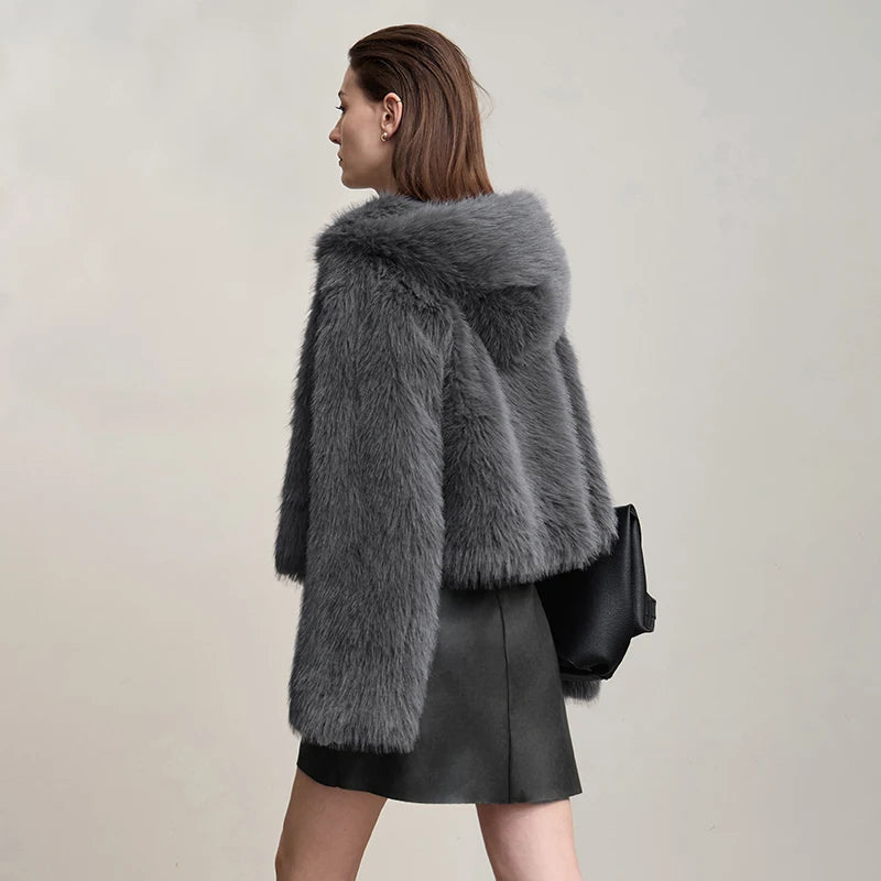 AMII Woman Faux Fur Coat 2026 New Coats Winter Warm Loose Hooded Long Sleeves Elegant Soft Women's Outerwear Jackets 12524016