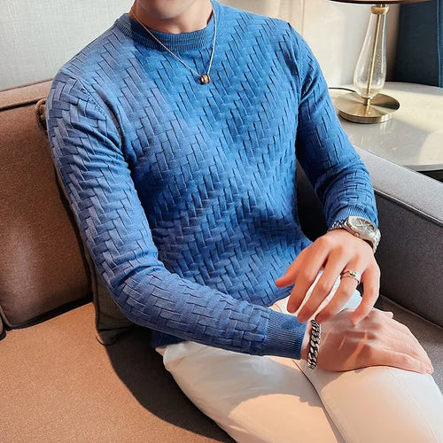 2023 Stretchable Jacquard Woven Winter Crew Neck Sweater Men's Slim Fit Pullover Knitwear Blue, Fashionable Check Pattern