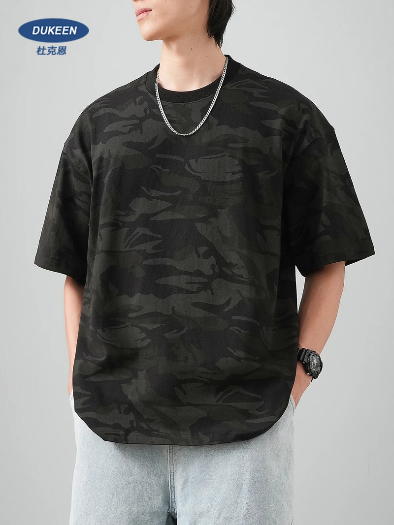 DUKEEN 320G Heavyweight Camouflage Men's T-Shirt 100% Cotton Summer Vintage Trend Crew-Neck Short Sleeve Tees Unisex